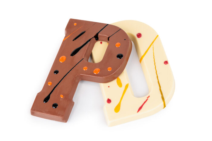 chocolade letter 200 gram (melk, wit en puur) met kleur